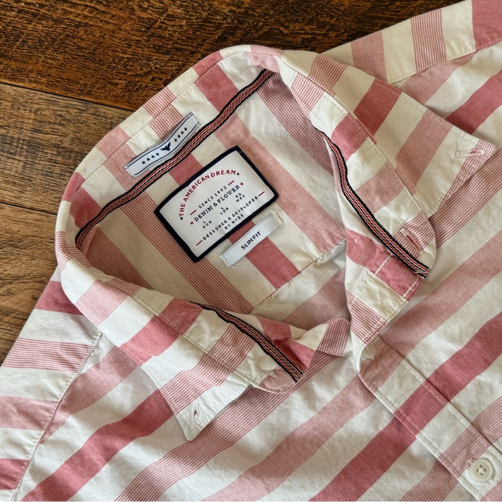 Denim & Flower Ricky Singh Slim Fit Button Down Red & Cream Stripe Size L